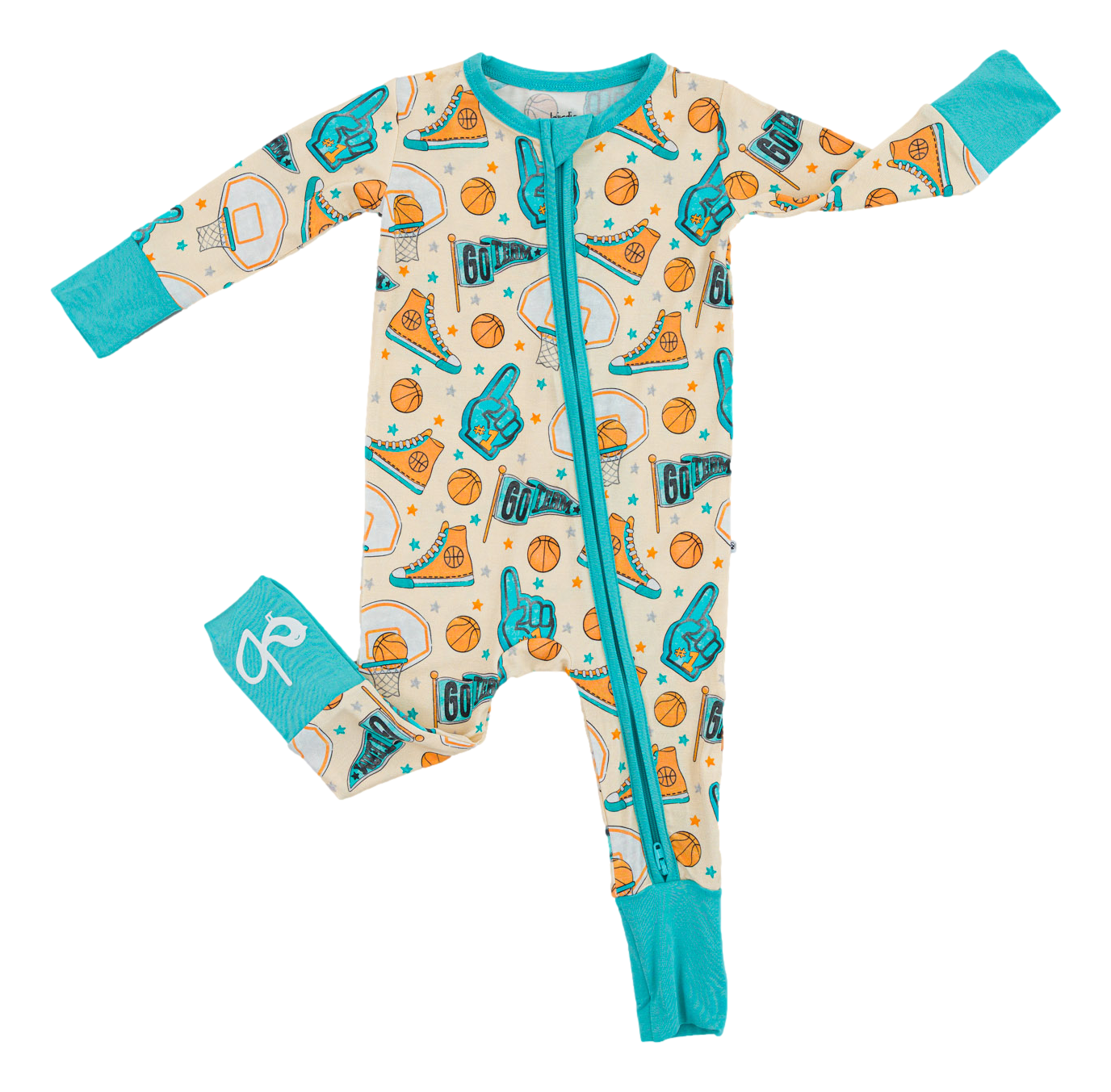Baby onesie with sports-themed print and turquoise accents